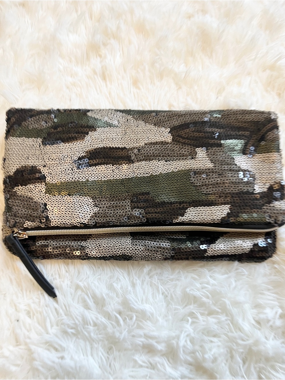 Stella & Dot Sequin Camo Foldover Clutch in Green, Black and Cream